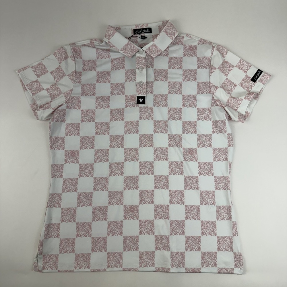New Womens Bad Birdie Core Pink Checkere Golf Short Sleeve Polo Size Medium NWT